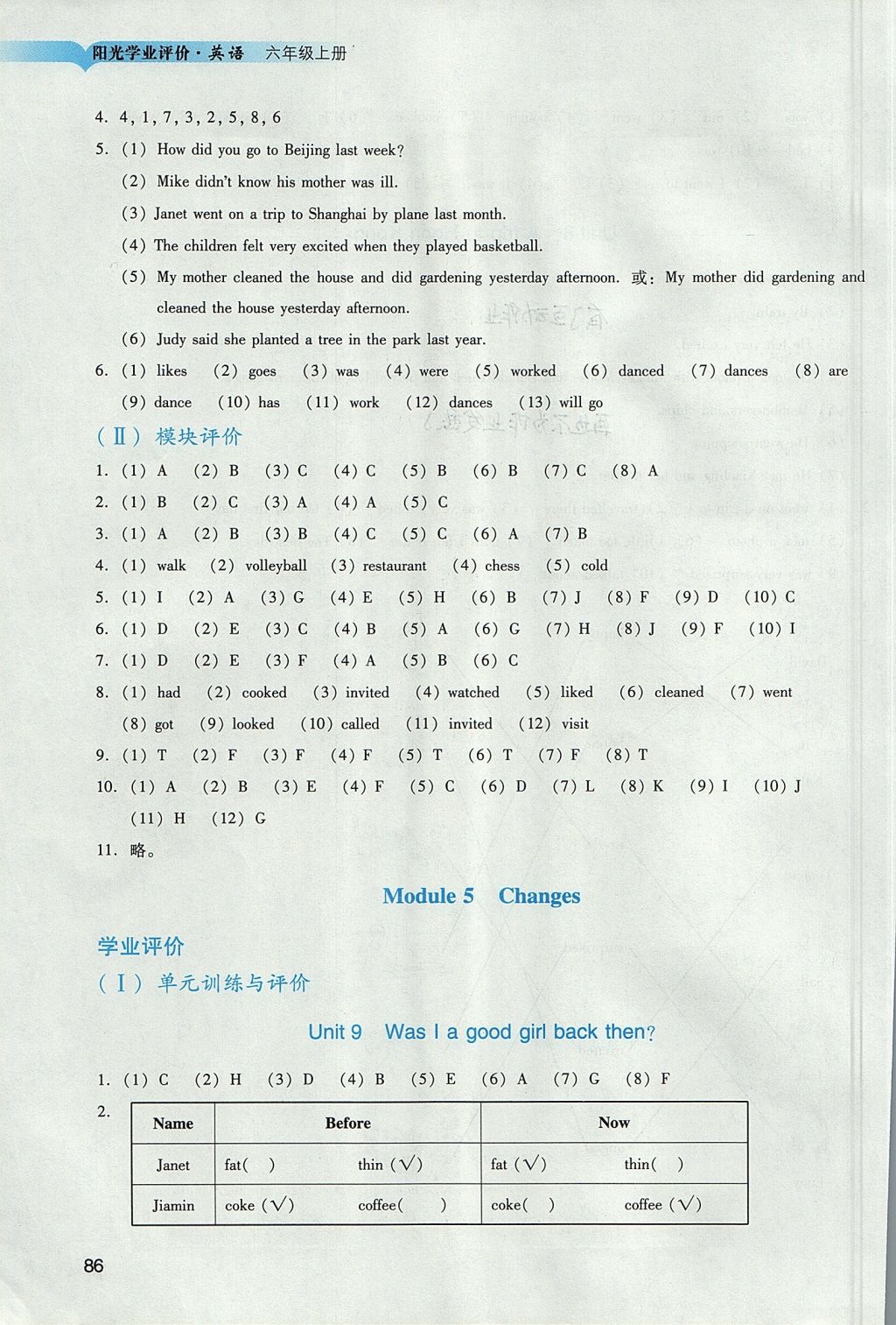 2017年陽光學(xué)業(yè)評價六年級英語上冊教科版 參考答案