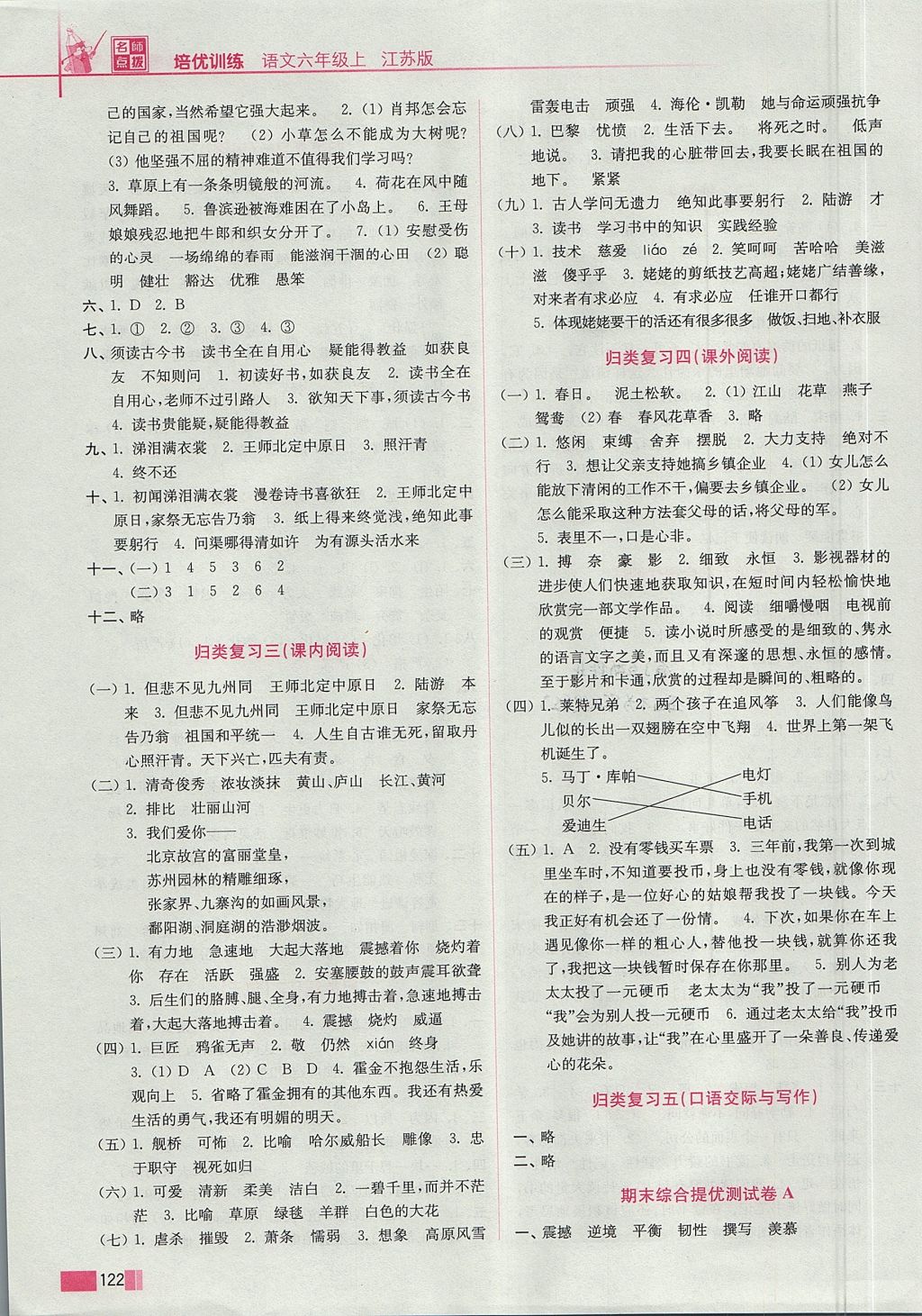 2017年名师点拨培优训练六年级语文上册江苏版 参考答案