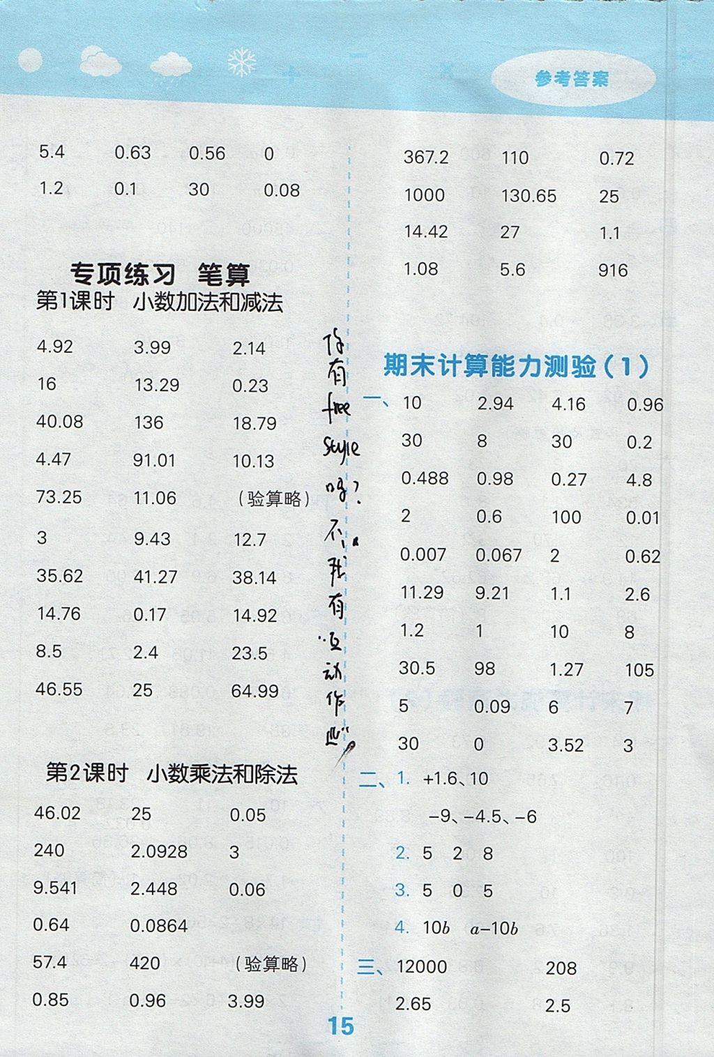 2017年小学口算大通关五年级数学上册苏教版 参考答案