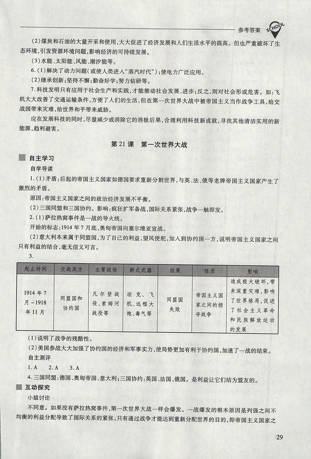 2017年新課程問題解決導(dǎo)學(xué)方案九年級世界歷史上冊人教版 參考答案