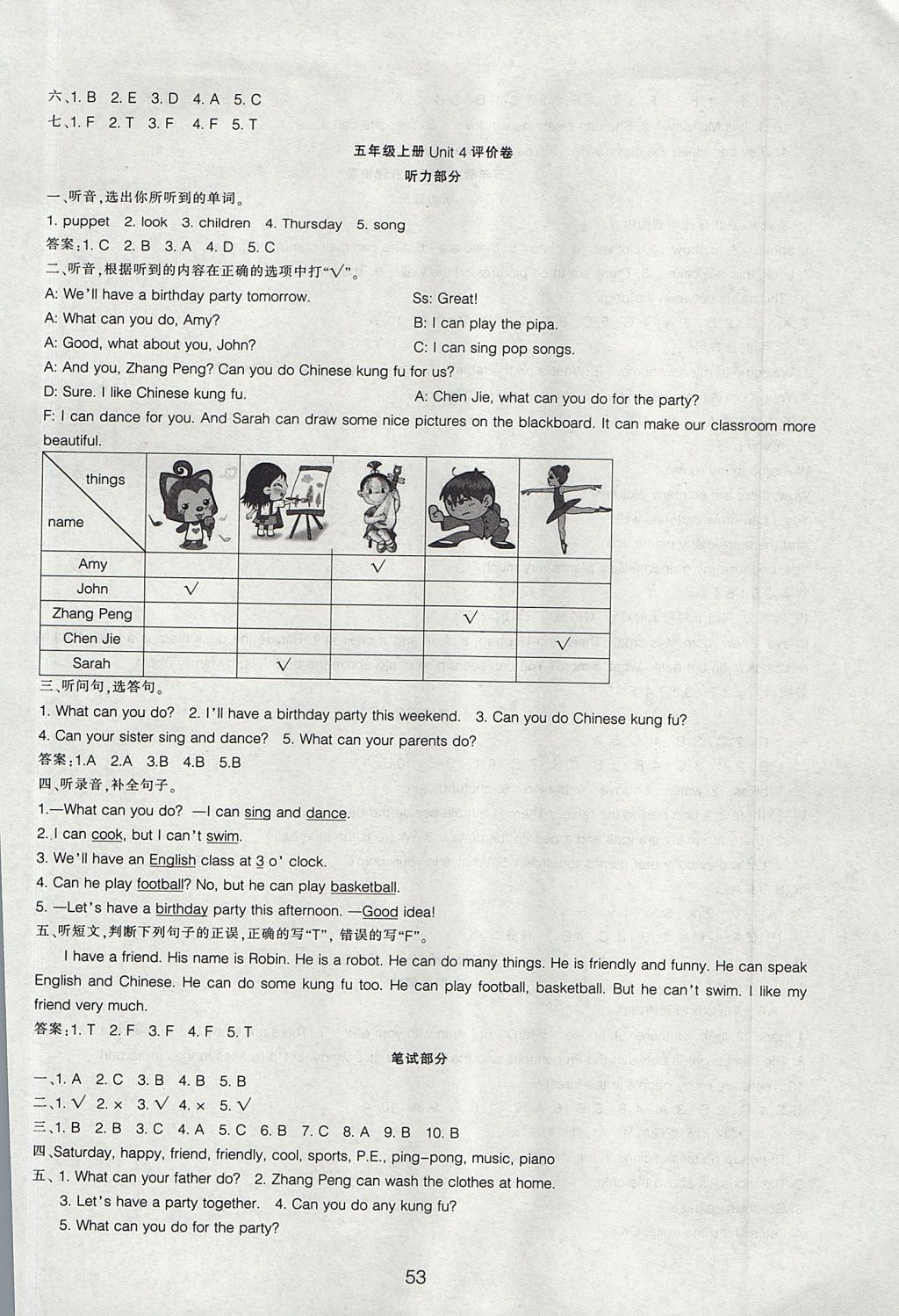 2017年單元評價卷五年級英語上冊人教版 參考答案