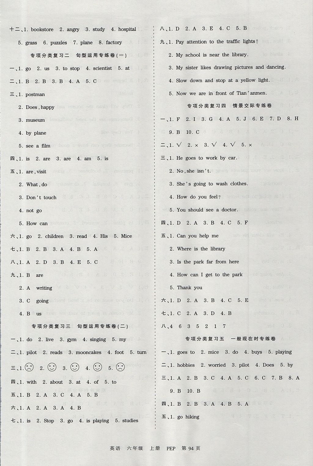 2017年王朝霞考點(diǎn)梳理時(shí)習(xí)卷六年級(jí)英語(yǔ)上冊(cè)人教PEP版 參考答案