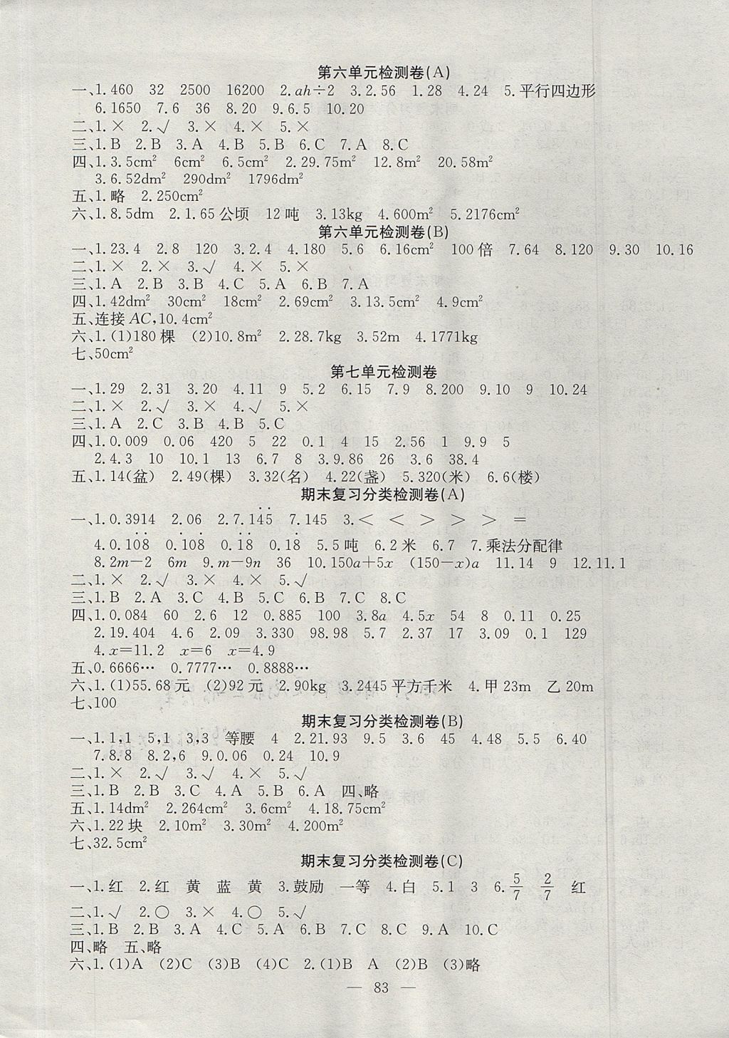 2017年黃岡測(cè)試卷五年級(jí)數(shù)學(xué)上冊(cè) 參考答案