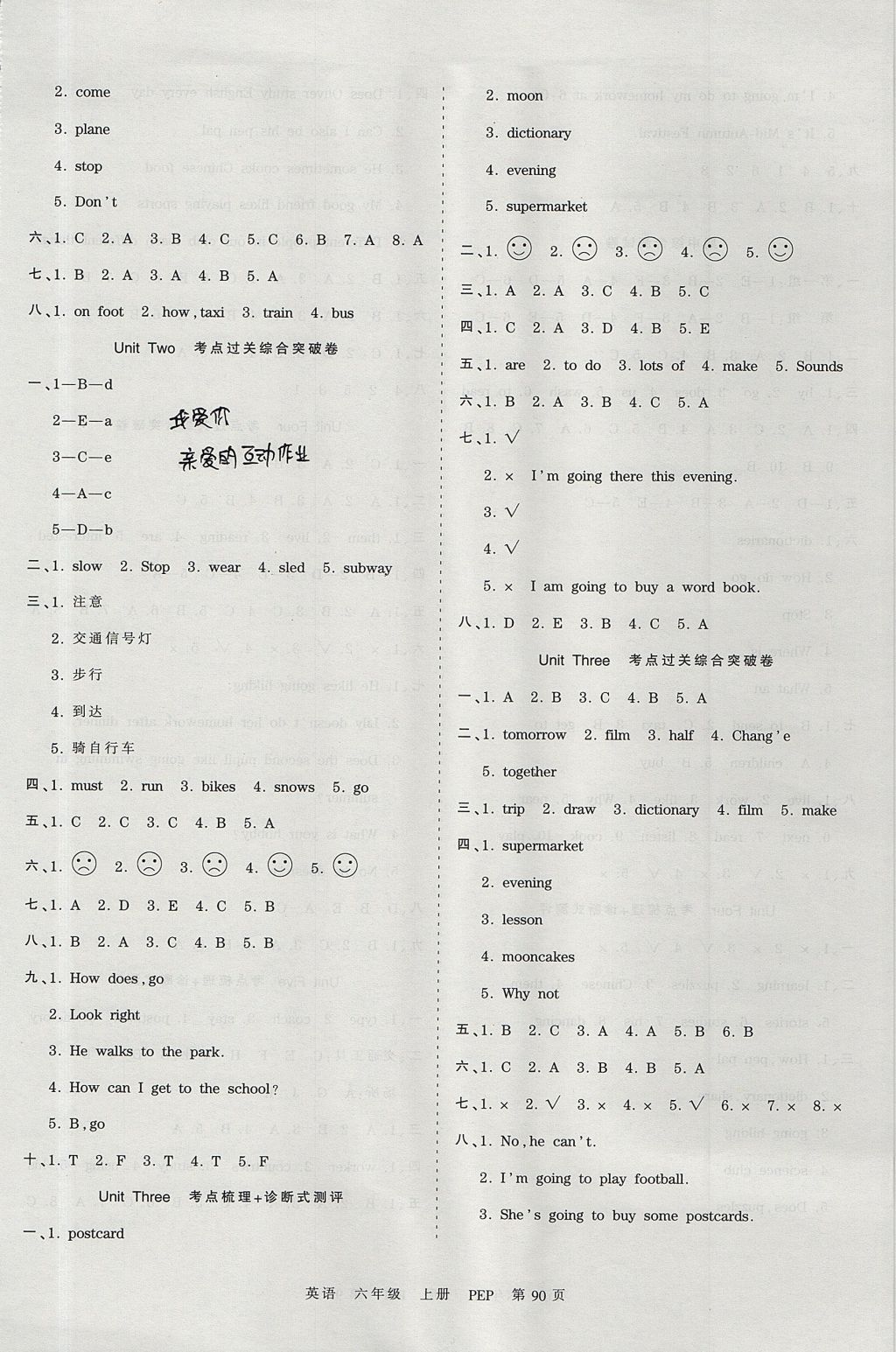 2017年王朝霞考點(diǎn)梳理時(shí)習(xí)卷六年級(jí)英語(yǔ)上冊(cè)人教PEP版 參考答案