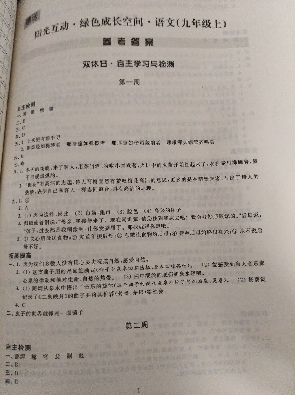 2017年陽(yáng)光互動(dòng)綠色成長(zhǎng)空間九年級(jí)語(yǔ)文上冊(cè) 參考答案第1頁(yè)