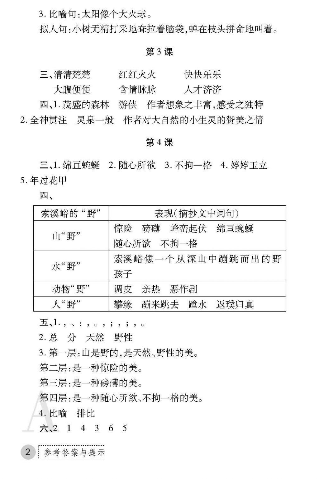 2017年课堂练习册六年级语文上册A版 参考答案