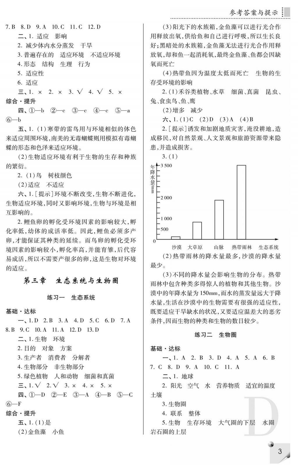 2017年課堂練習(xí)冊七年級生物上冊D版 參考答案