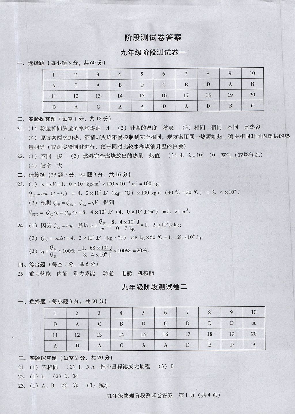 2017年名師導(dǎo)航考點跟蹤同步訓(xùn)練九年級物理全一冊人教版 測試卷答案