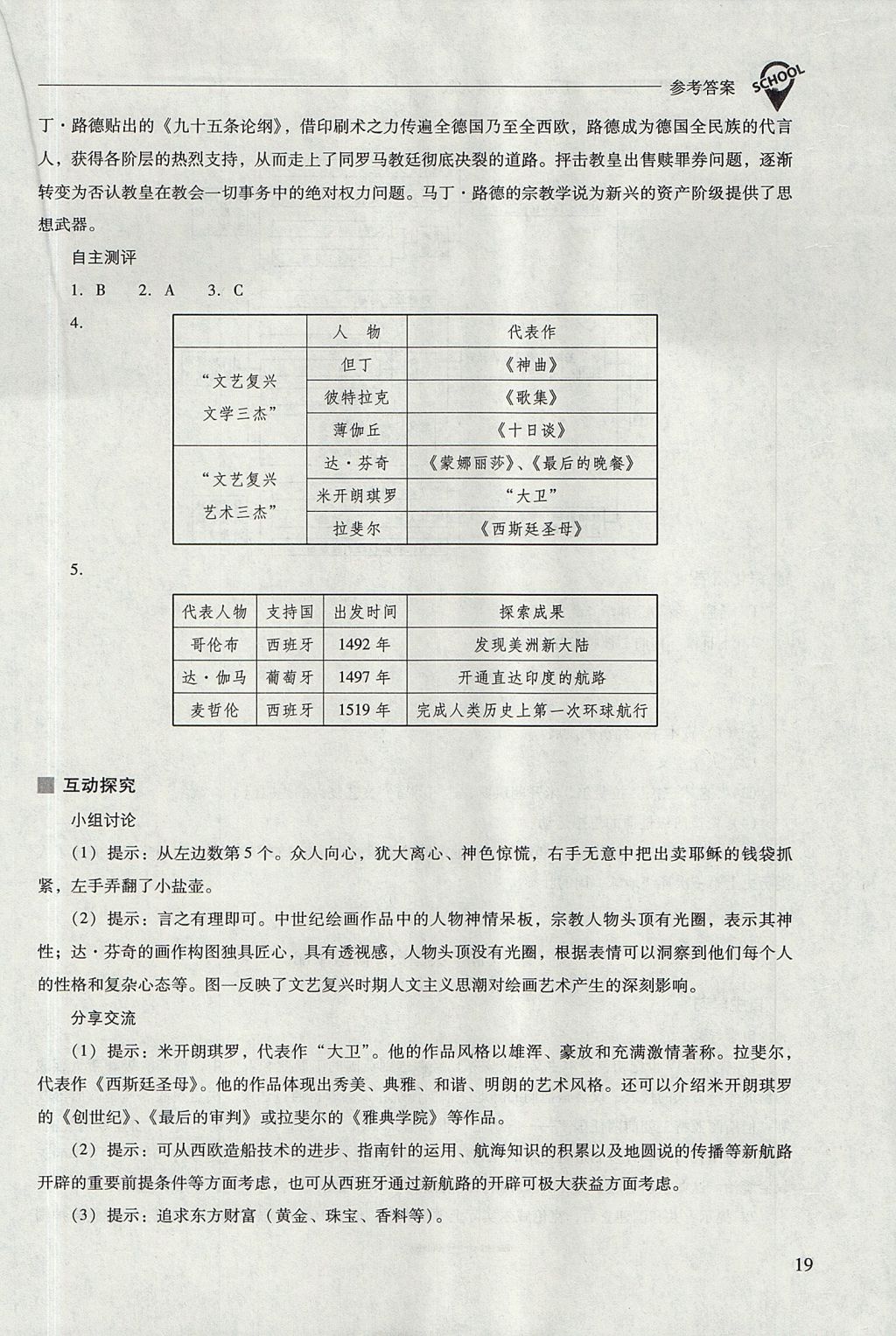 2017年新课程问题解决导学方案九年级世界历史上册华东师大版 参考答案