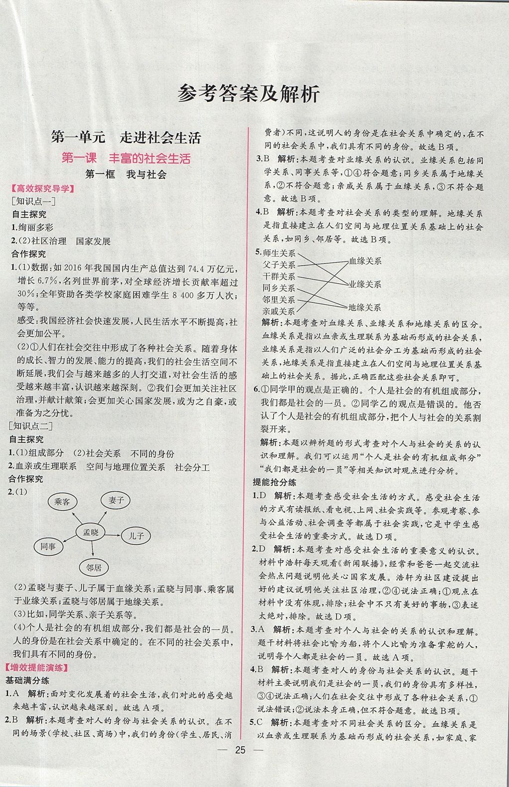 2017年同步导学案课时练八年级道德与法治上册人教版 参考答案