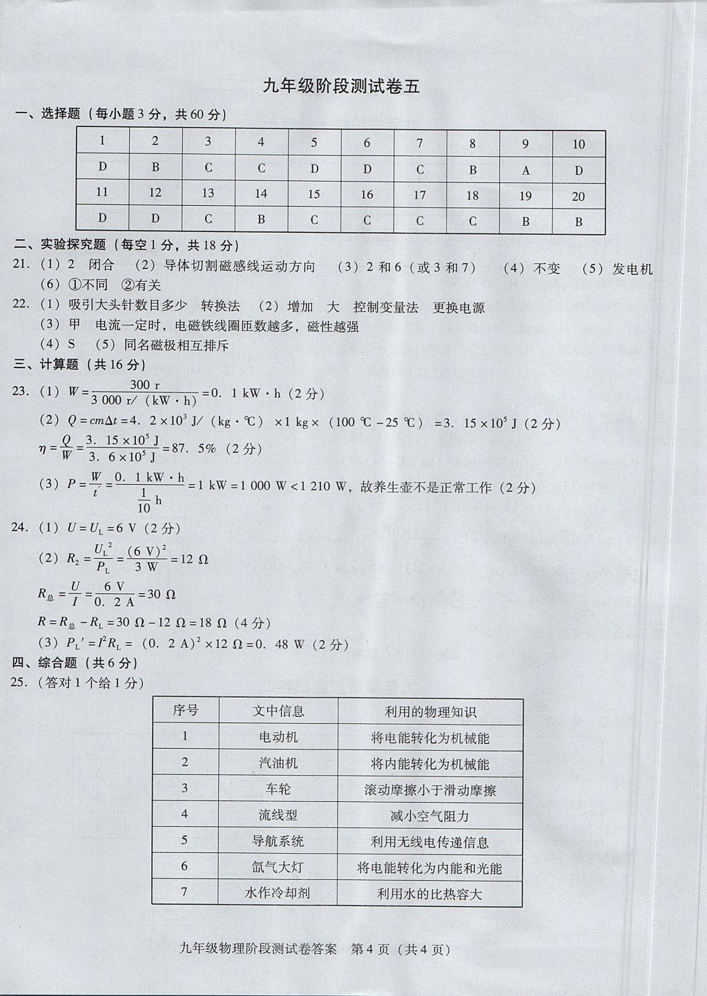 2017年名師導航考點跟蹤同步訓練九年級物理全一冊人教版 測試卷答案