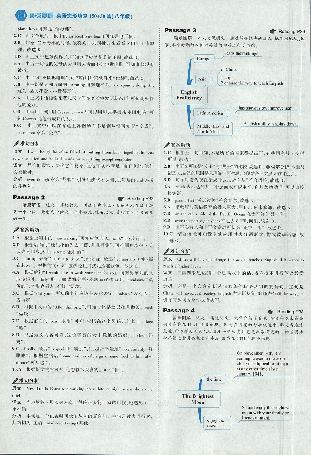 2017年53English英语完形填空八年级全一册 参考答案