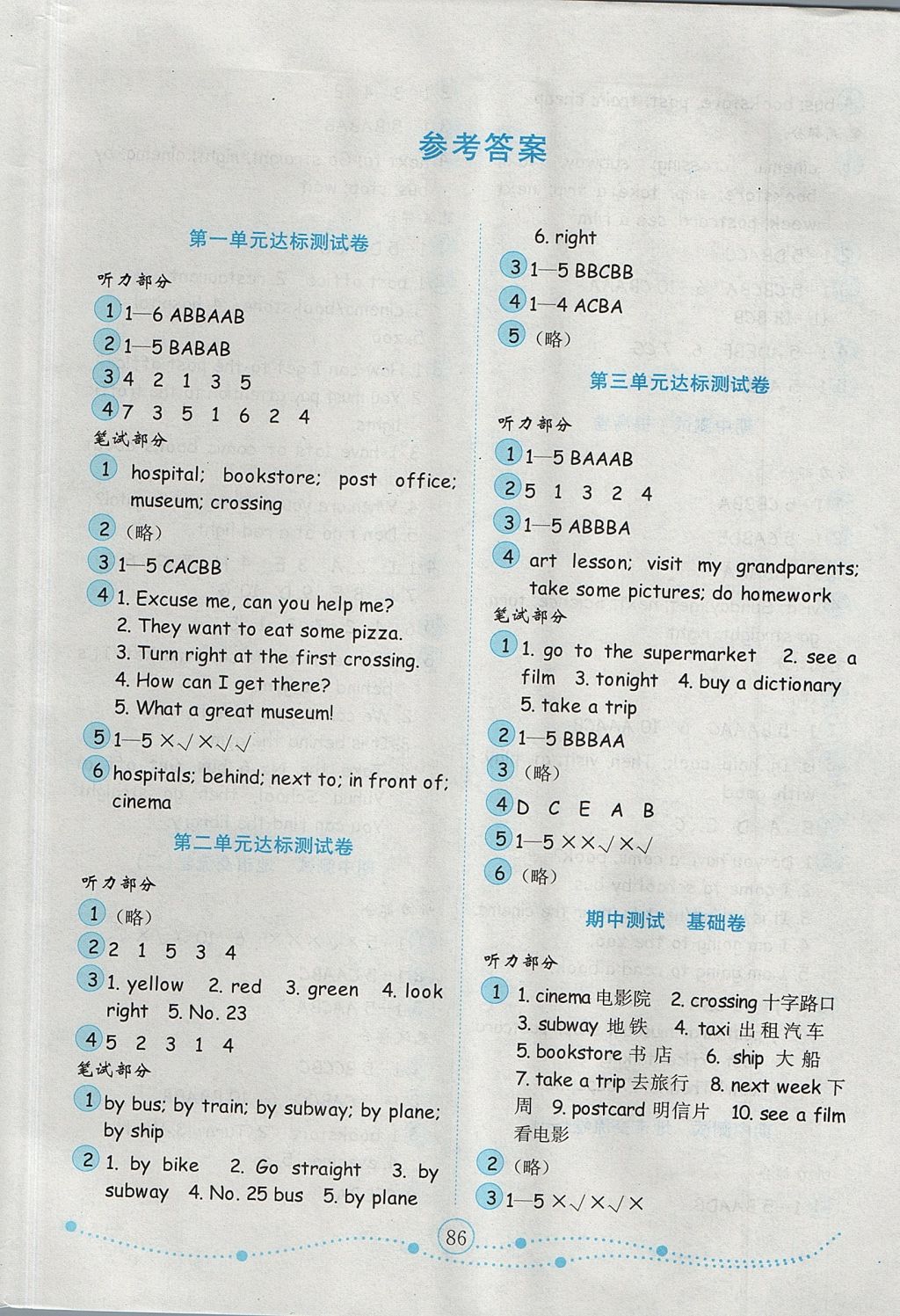 2017年金鑰匙小學(xué)英語(yǔ)試卷六年級(jí)上冊(cè)人教PEP版金版 參考答案