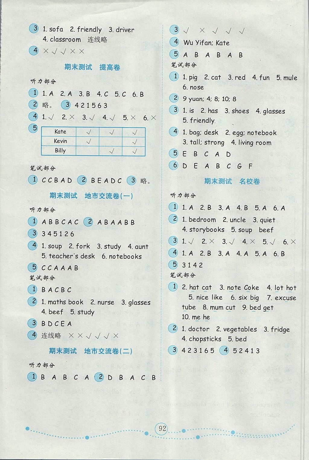 2017年金鑰匙小學英語試卷四年級上冊人教PEP版三起金版 參考答案