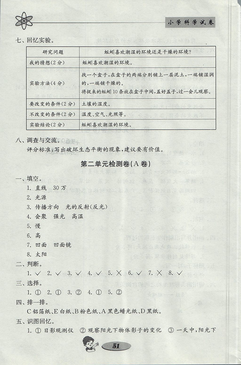 2017年金鑰匙小學科學試卷五年級上冊教科版 參考答案