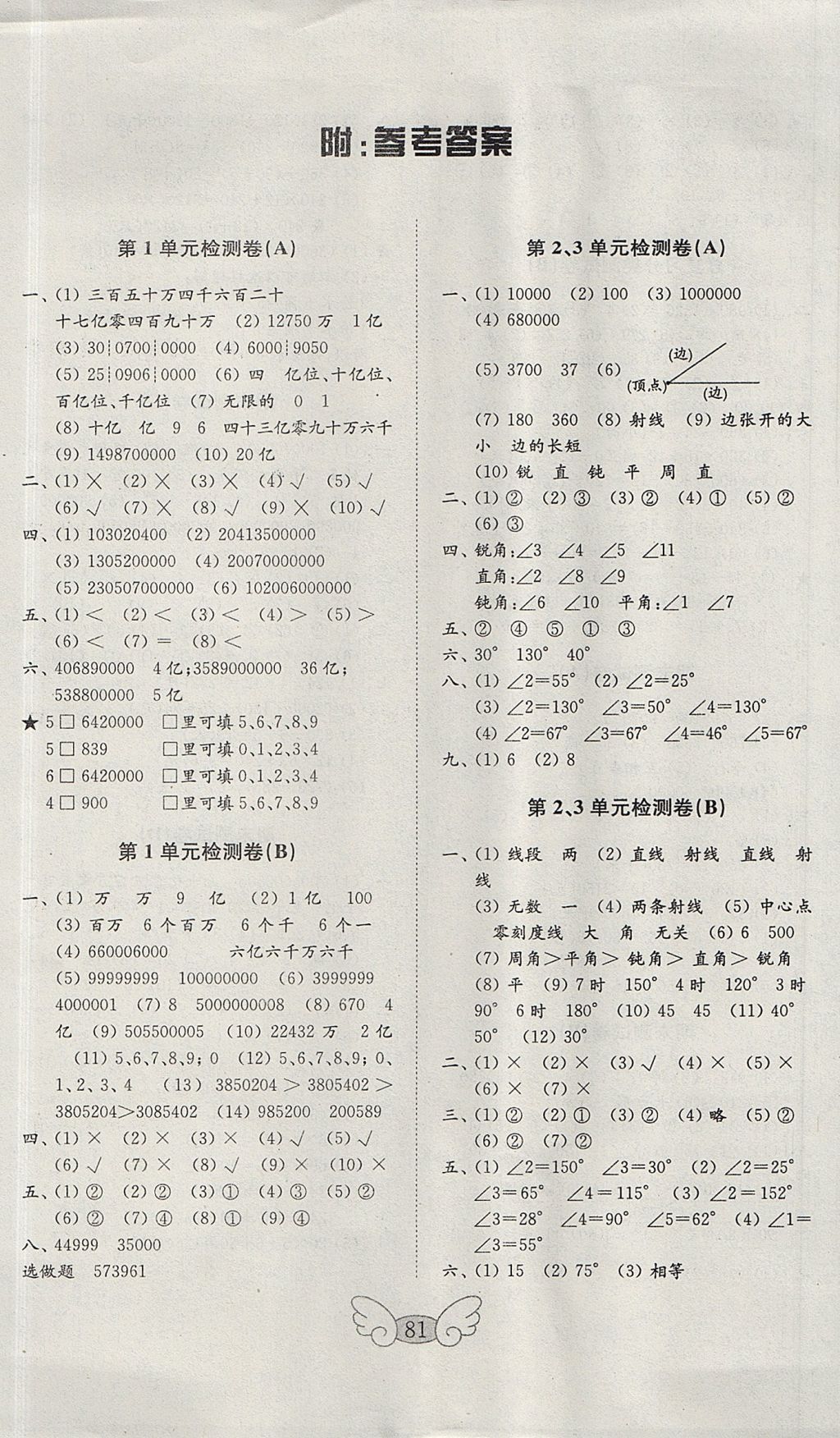 2017年金鑰匙小學(xué)數(shù)學(xué)試卷四年級上冊人教版 參考答案