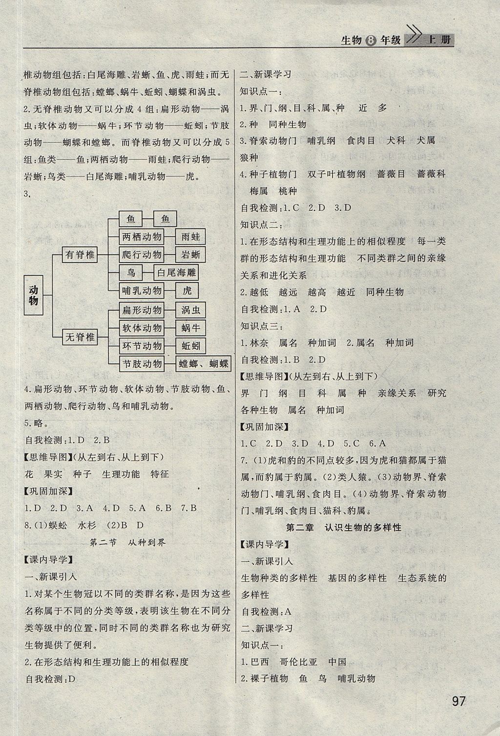 2017年长江作业本课堂作业八年级生物上册人教版 参考答案