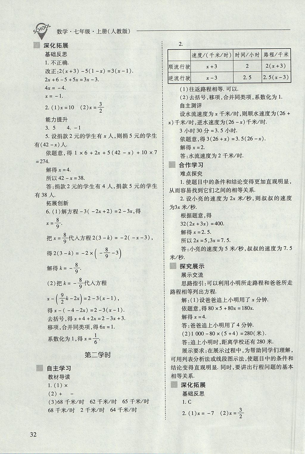 2017年新課程問(wèn)題解決導(dǎo)學(xué)方案七年級(jí)數(shù)學(xué)上冊(cè)人教版 參考答案