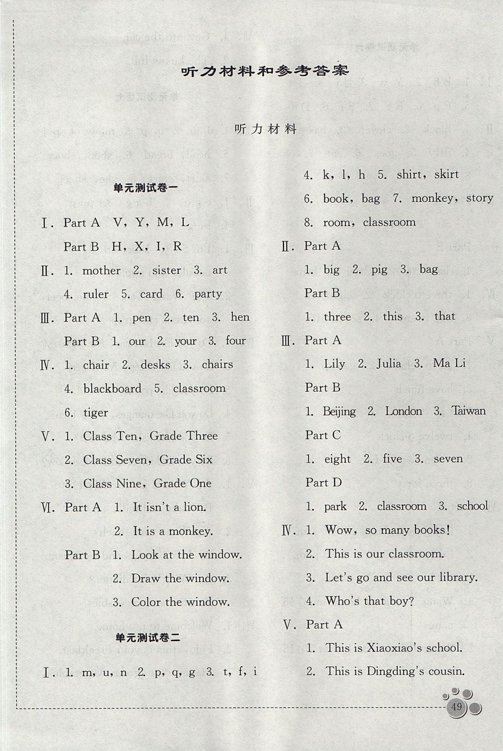 2017年小學(xué)英語(yǔ)單元測(cè)試卷四年級(jí)上學(xué)期 參考答案