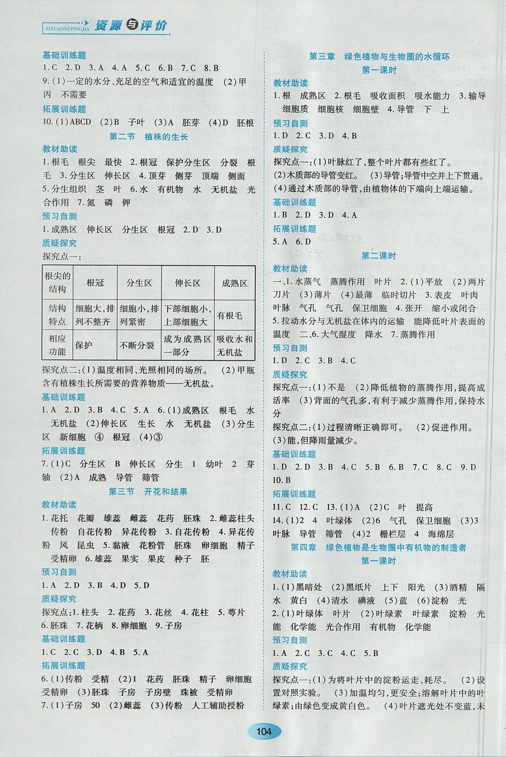 2017年資源與評價(jià)七年級生物學(xué)上冊人教版 參考答案