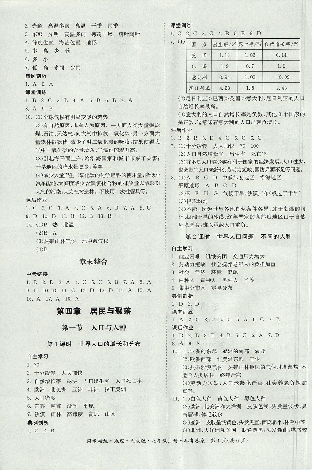 2017年名師小課堂同步精練七年級地理上冊人教版 參考答案