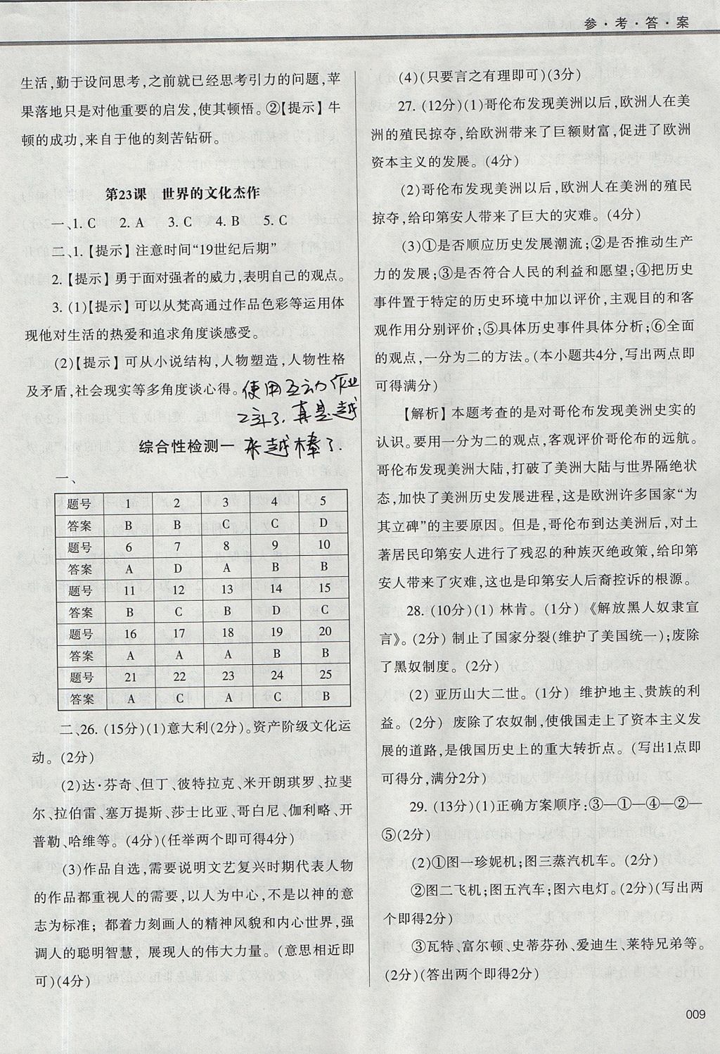 2017年學(xué)習(xí)質(zhì)量監(jiān)測(cè)九年級(jí)世界歷史上冊(cè)人教版 參考答案