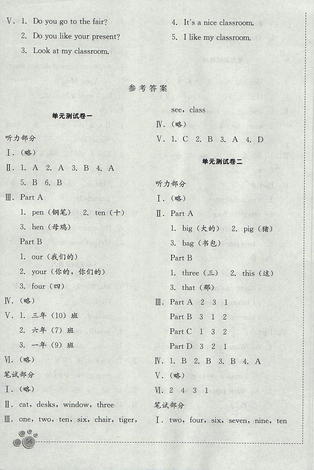 2017年小學(xué)英語單元測試卷四年級上學(xué)期 參考答案