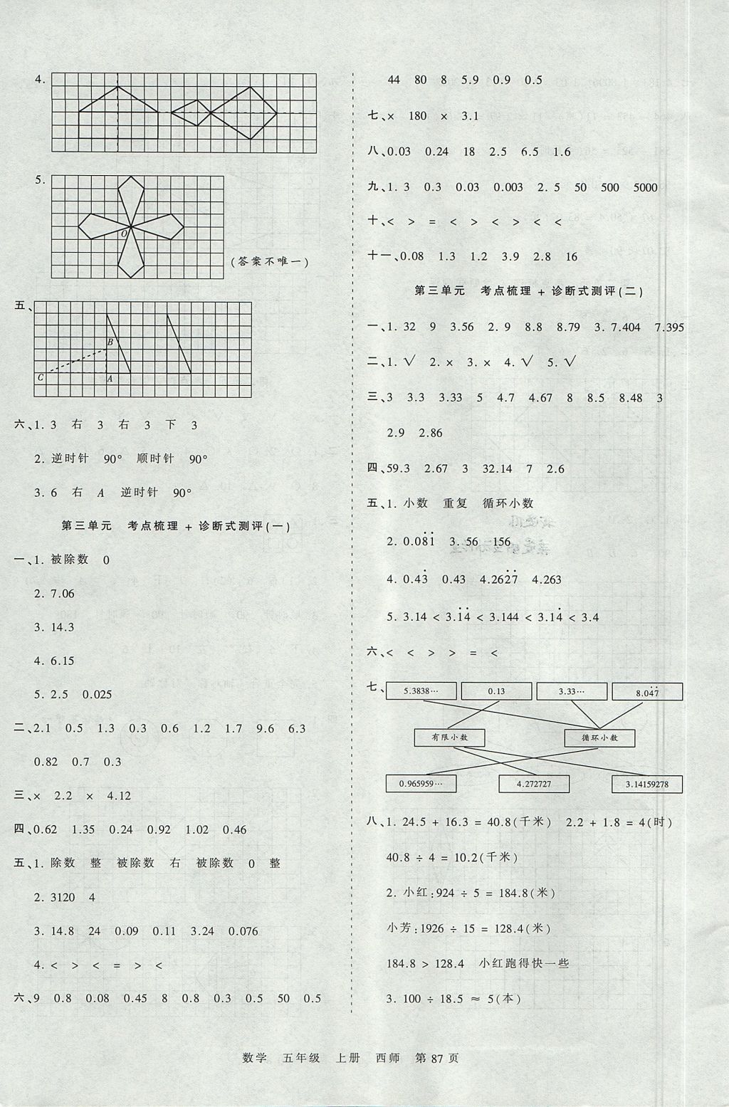 2017年王朝霞考點梳理時習卷五年級數(shù)學上冊西師大版 參考答案