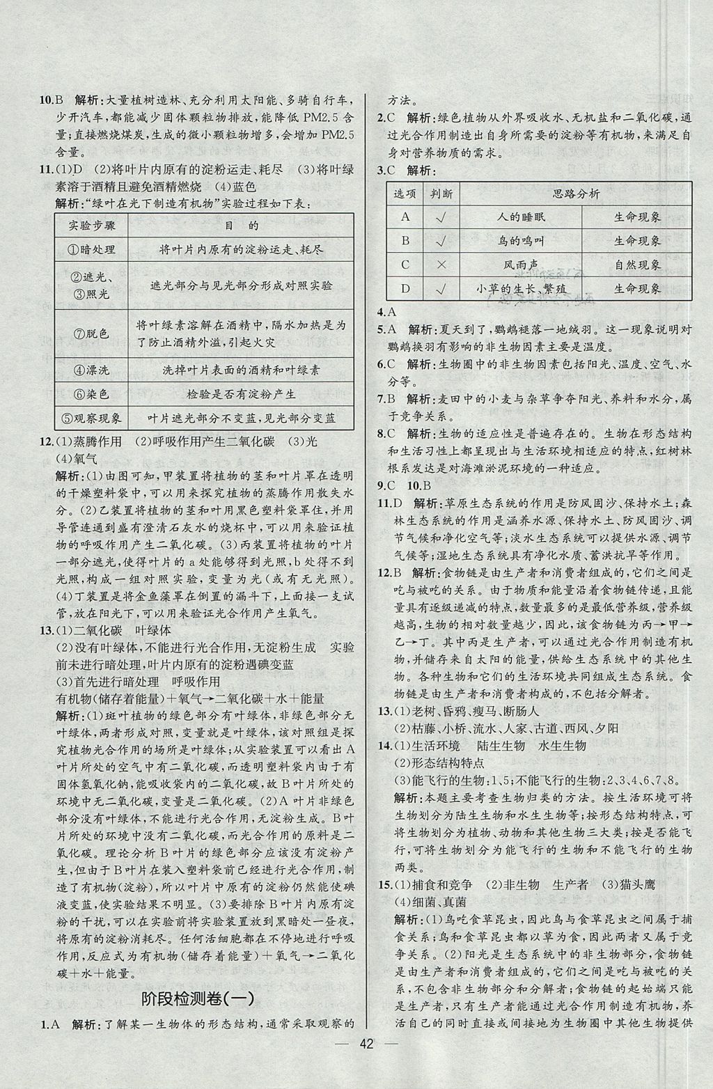 2017年同步導學案課時練七年級生物學上冊人教版河北專版 參考答案