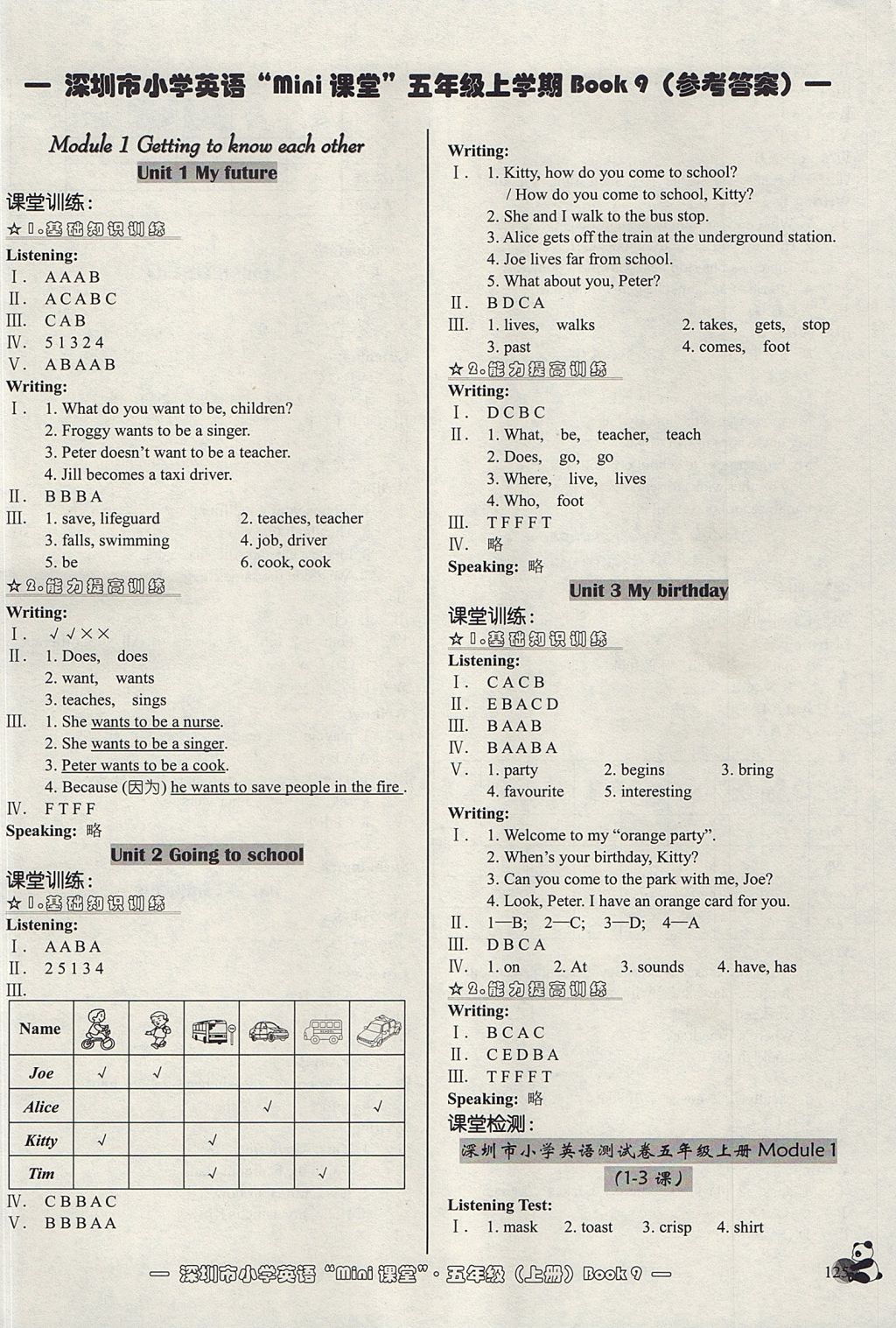 2017年深圳市小學英語mini課堂五年級上冊 參考答案