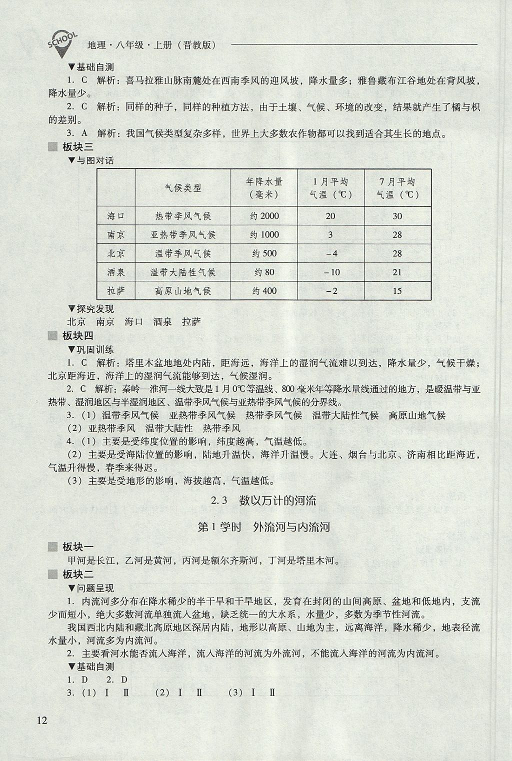 2017年新課程問題解決導(dǎo)學(xué)方案八年級地理上冊晉教版 參考答案