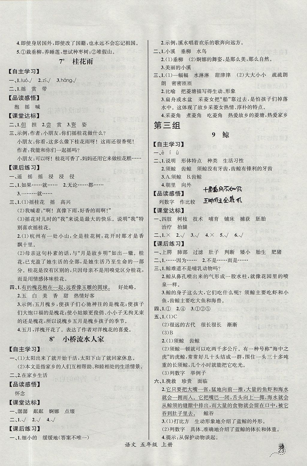 2017年同步導(dǎo)學(xué)案課時練五年級語文上冊人教版河北專版 參考答案