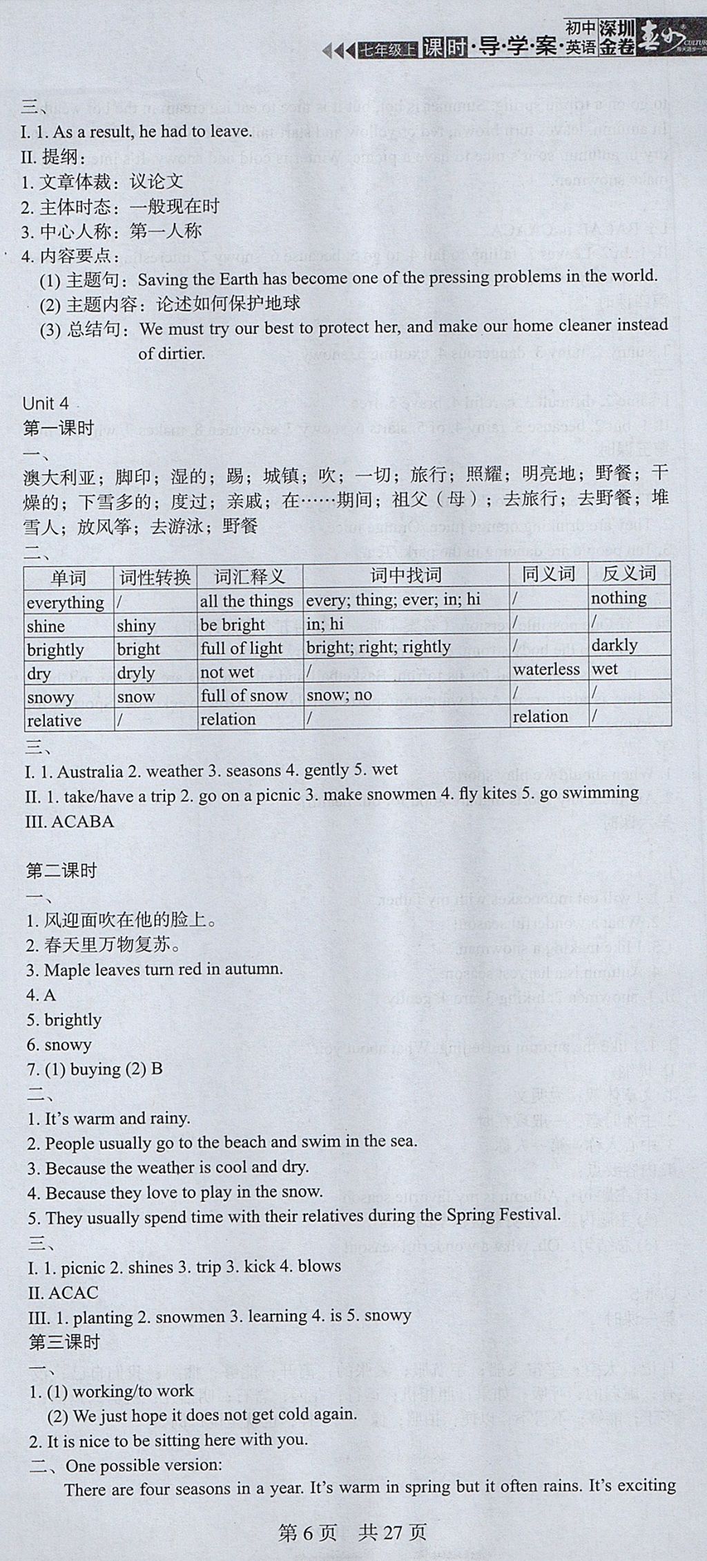 2017年深圳金卷初中英語課時導(dǎo)學(xué)案七年級上冊 參考答案