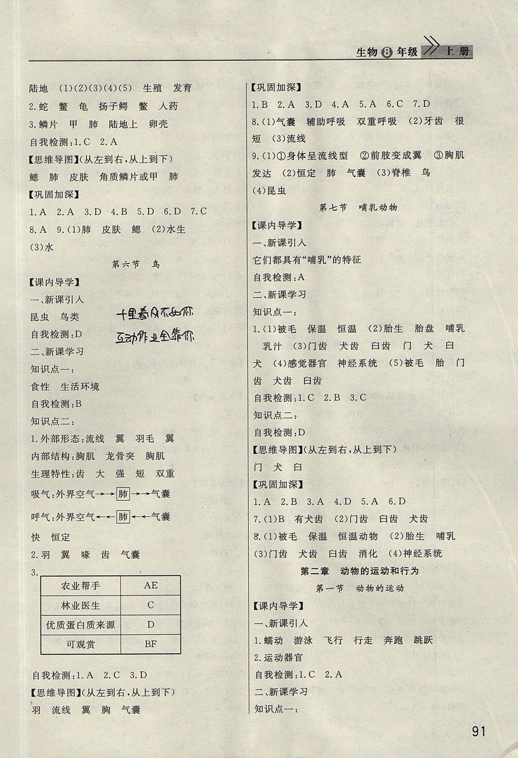 2017年长江作业本课堂作业八年级生物上册人教版 参考答案