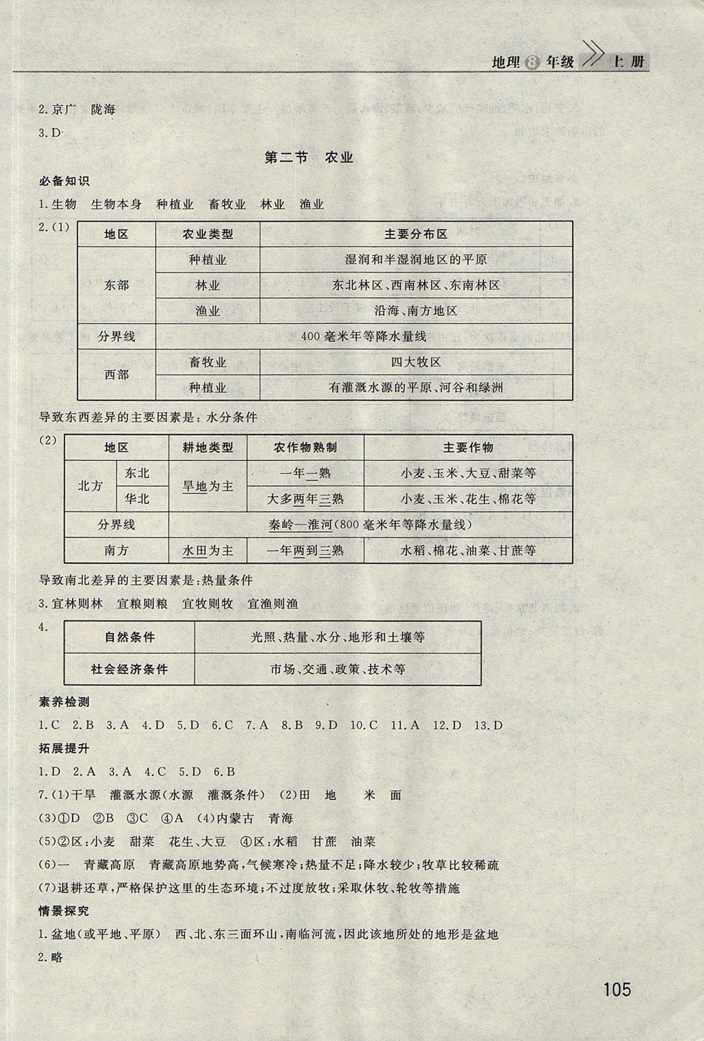 2017年长江作业本课堂作业八年级地理上册 参考答案