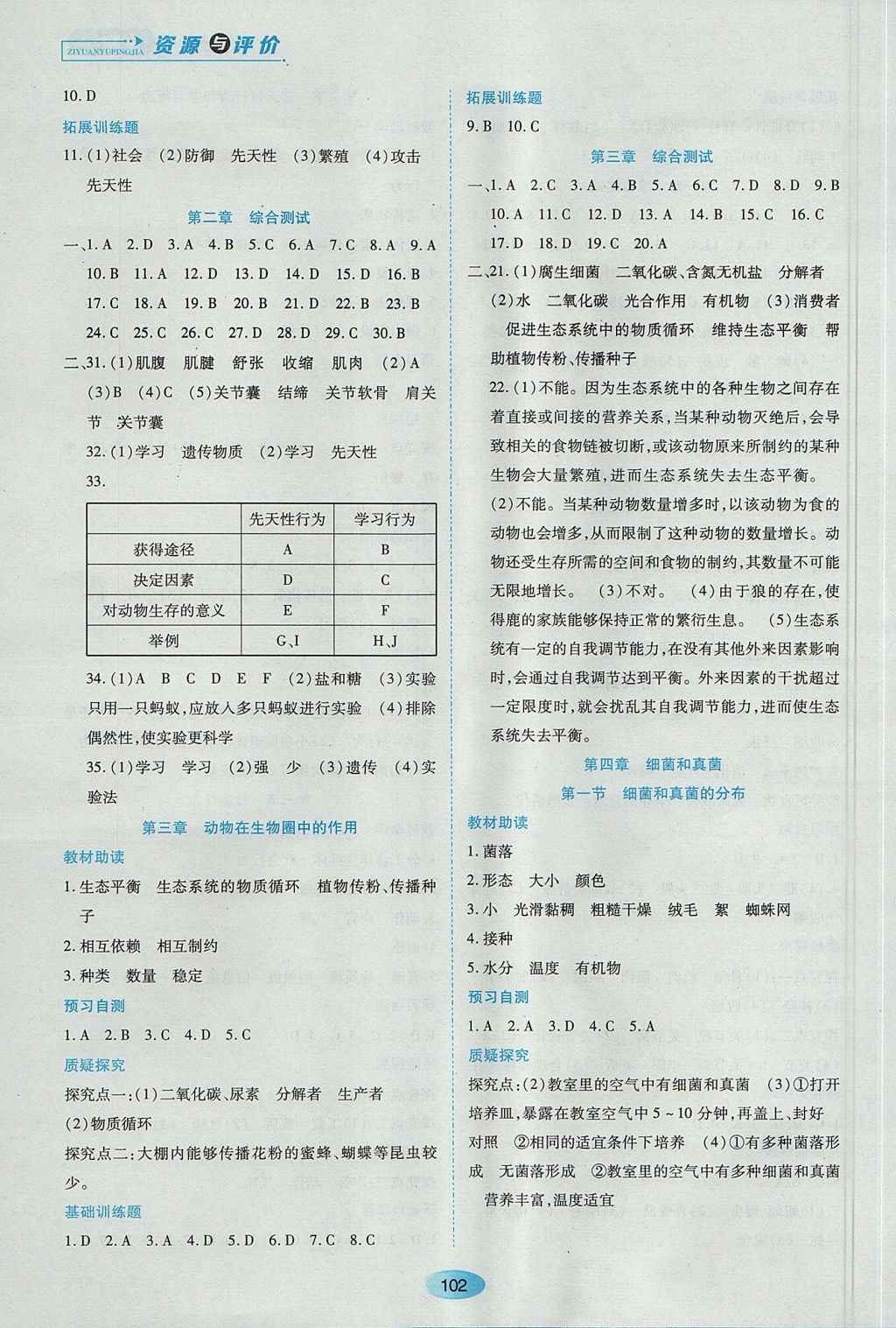 2017年資源與評價八年級生物學上冊人教版 參考答案