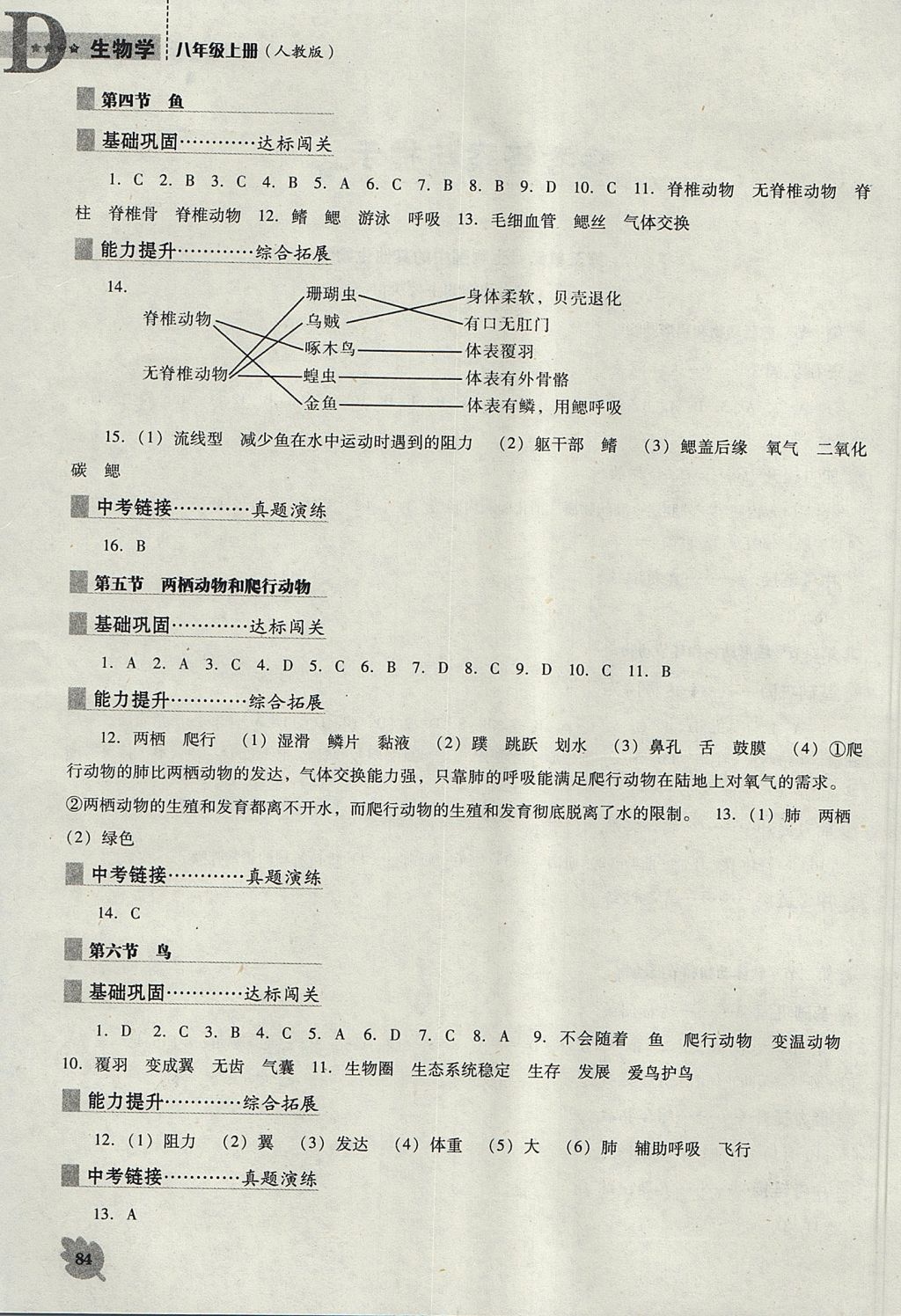 2017年新課程生物學(xué)能力培養(yǎng)八年級上冊人教版 參考答案