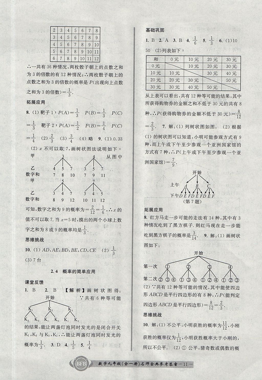 2017年名師金典BFB初中課時優(yōu)化九年級數(shù)學全一冊浙教版 參考答案