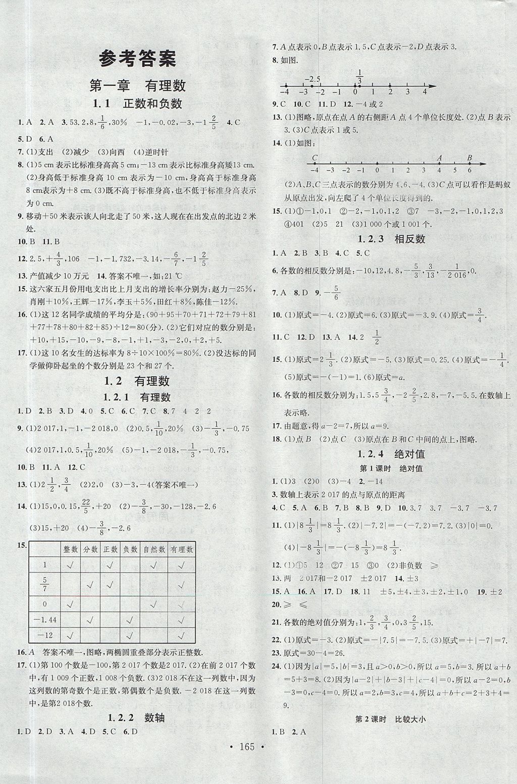 2017年名校课堂七年级数学上册人教版云南专版 参考答案