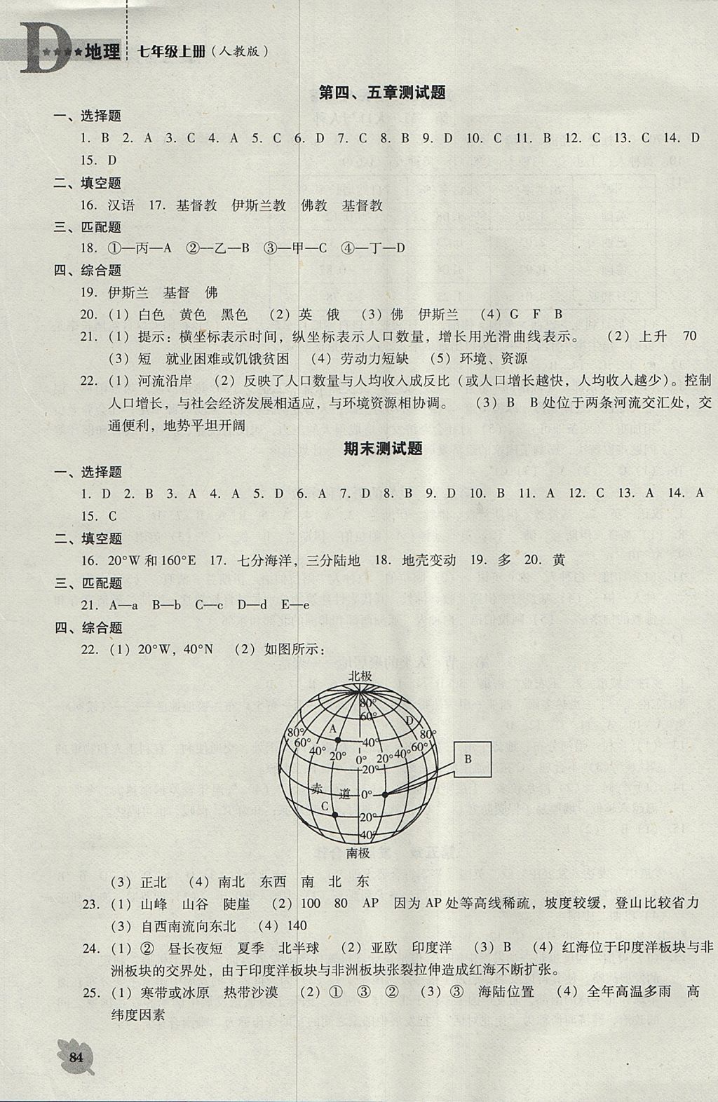 2017年新课程地理能力培养七年级上册人教版D版 参考答案