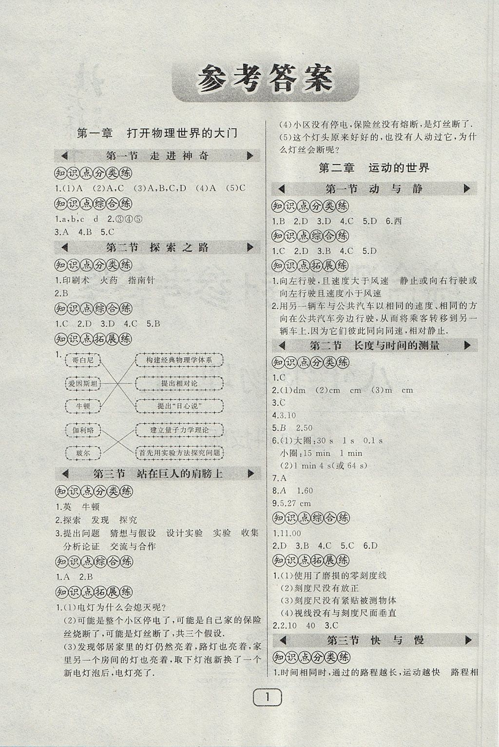 2017年北大綠卡八年級物理上冊滬科版 參考答案