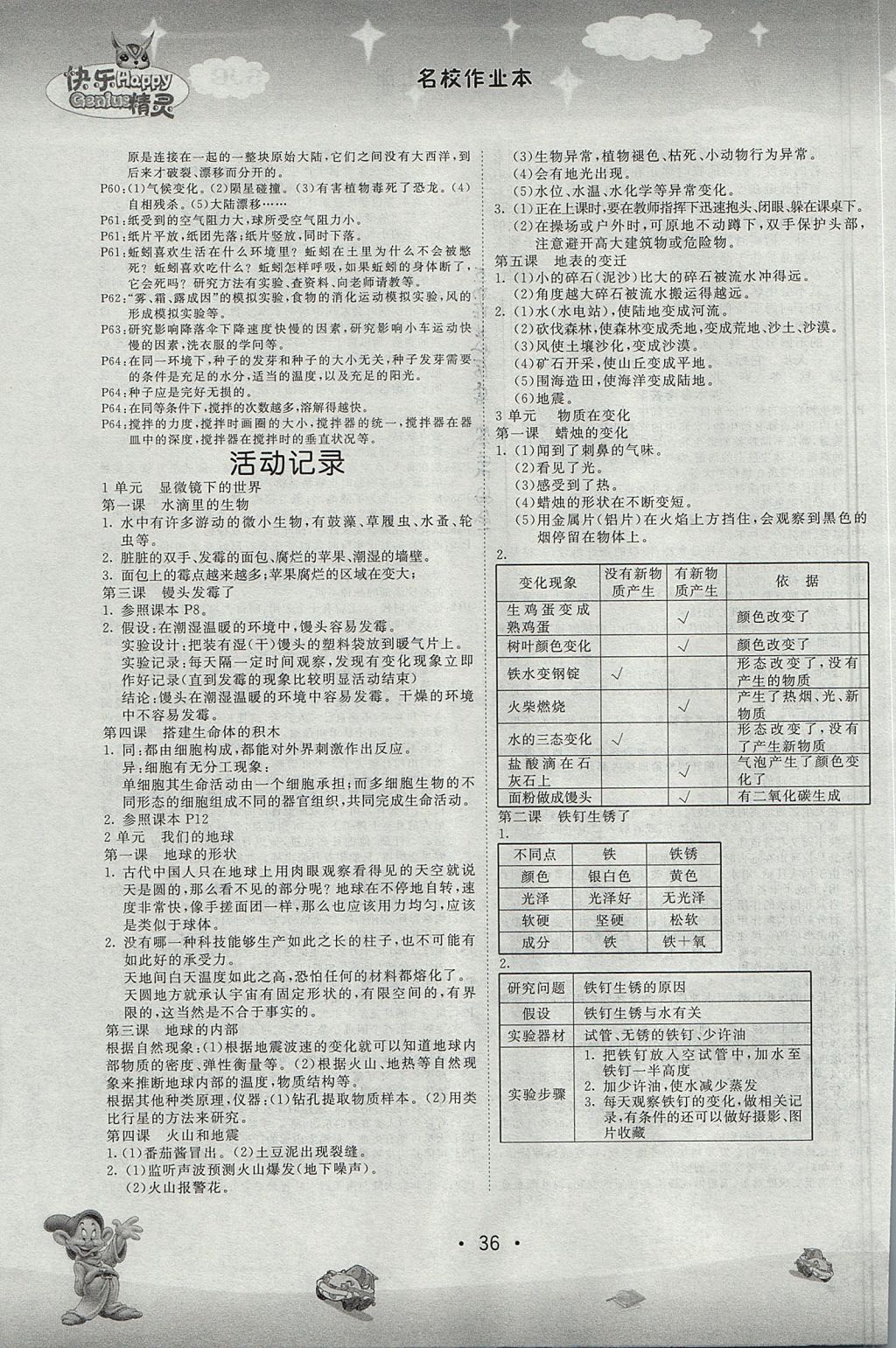 2017年名校作業(yè)本六年級科學(xué)上冊蘇教版 參考答案