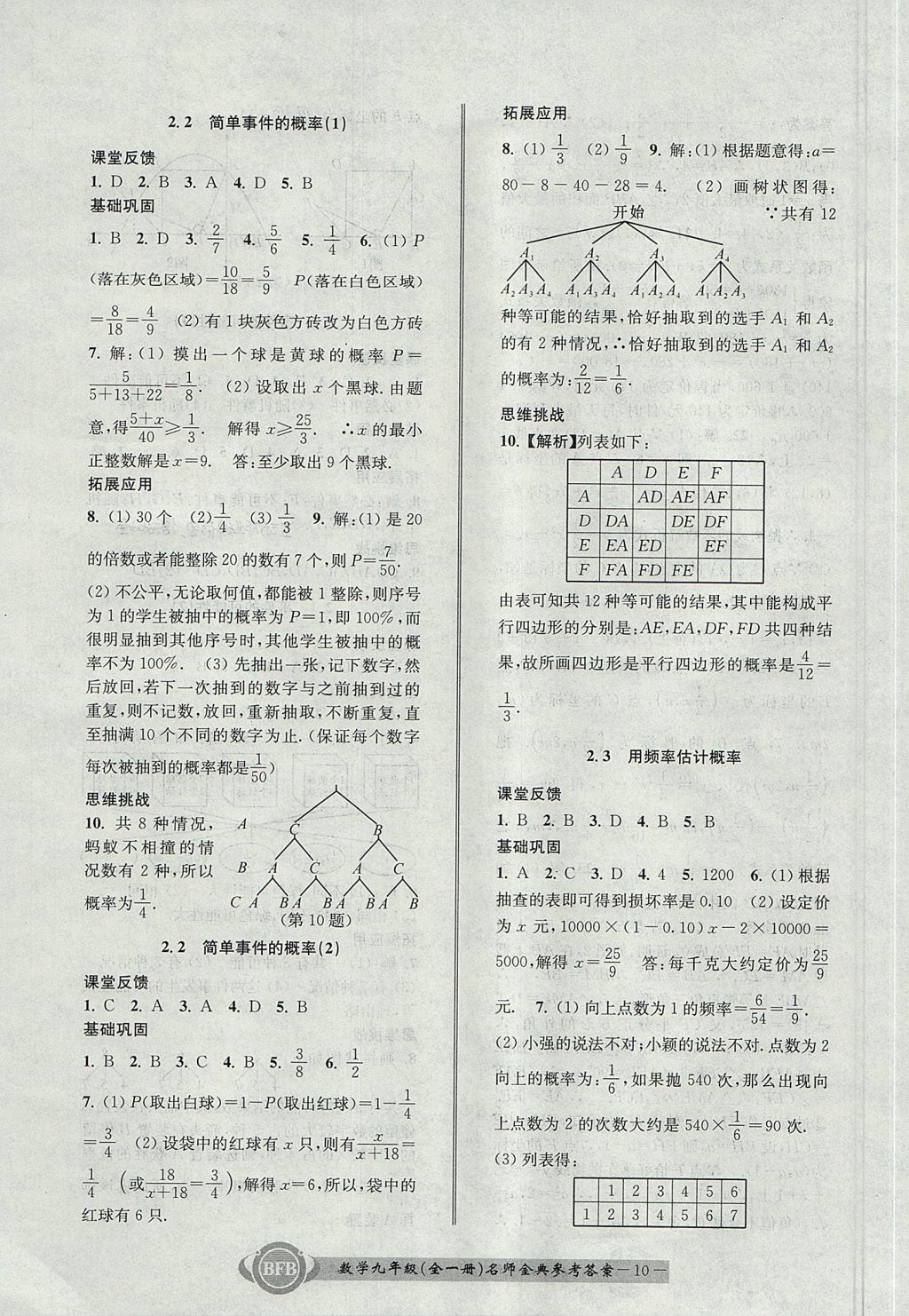 2017年名師金典BFB初中課時(shí)優(yōu)化九年級(jí)數(shù)學(xué)全一冊(cè)浙教版 參考答案