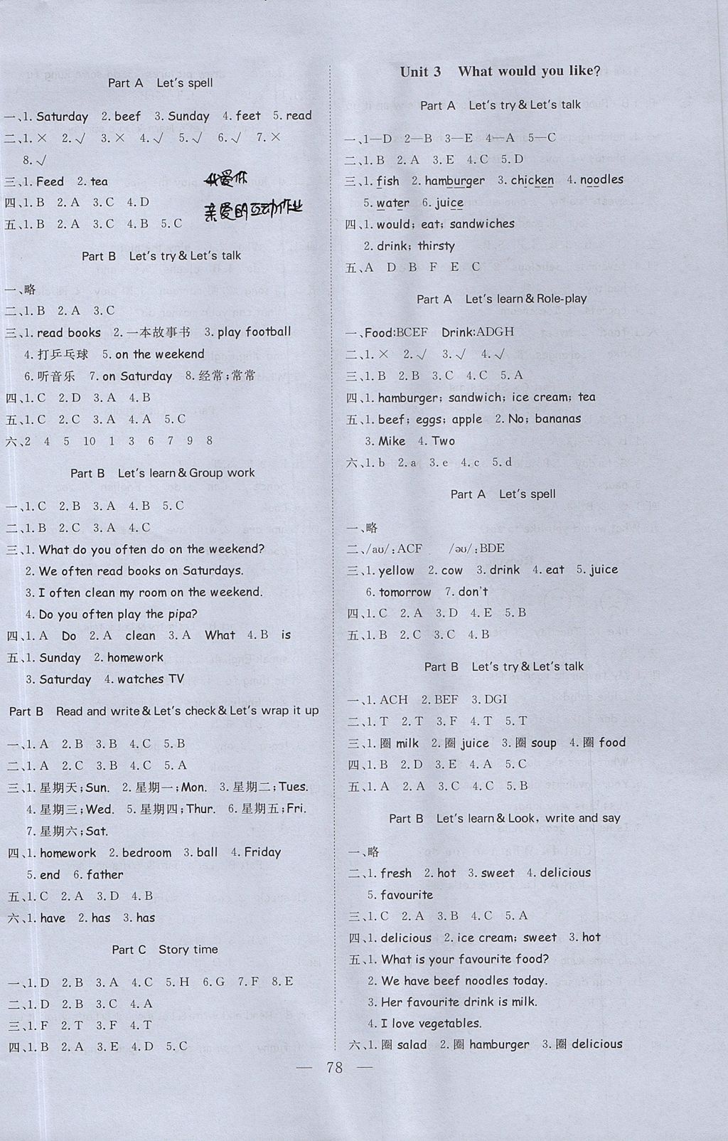 2017年學(xué)考A加同步課時(shí)練五年級英語上冊人教版 參考答案