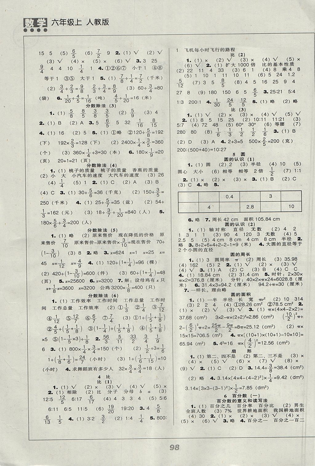 2017年新課程能力培養(yǎng)六年級(jí)數(shù)學(xué)上冊(cè)人教版 參考答案