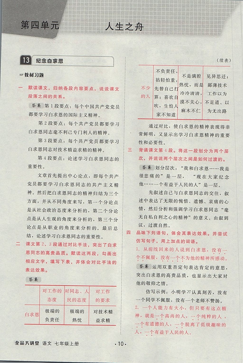 2017年全品大講堂初中語(yǔ)文七年級(jí)上冊(cè) 教材答案