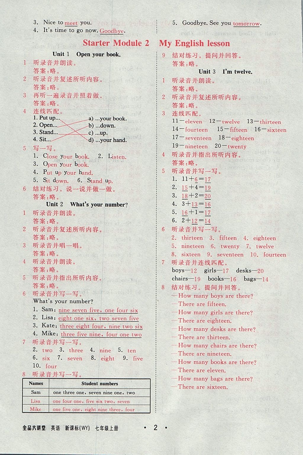 2017年全品大講堂七年級(jí)英語(yǔ)上冊(cè)外研版 教材答案