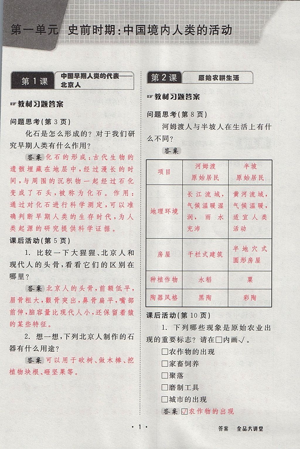 2017年全品大講堂七年級(jí)中國(guó)歷史上冊(cè)人教版 教材答案