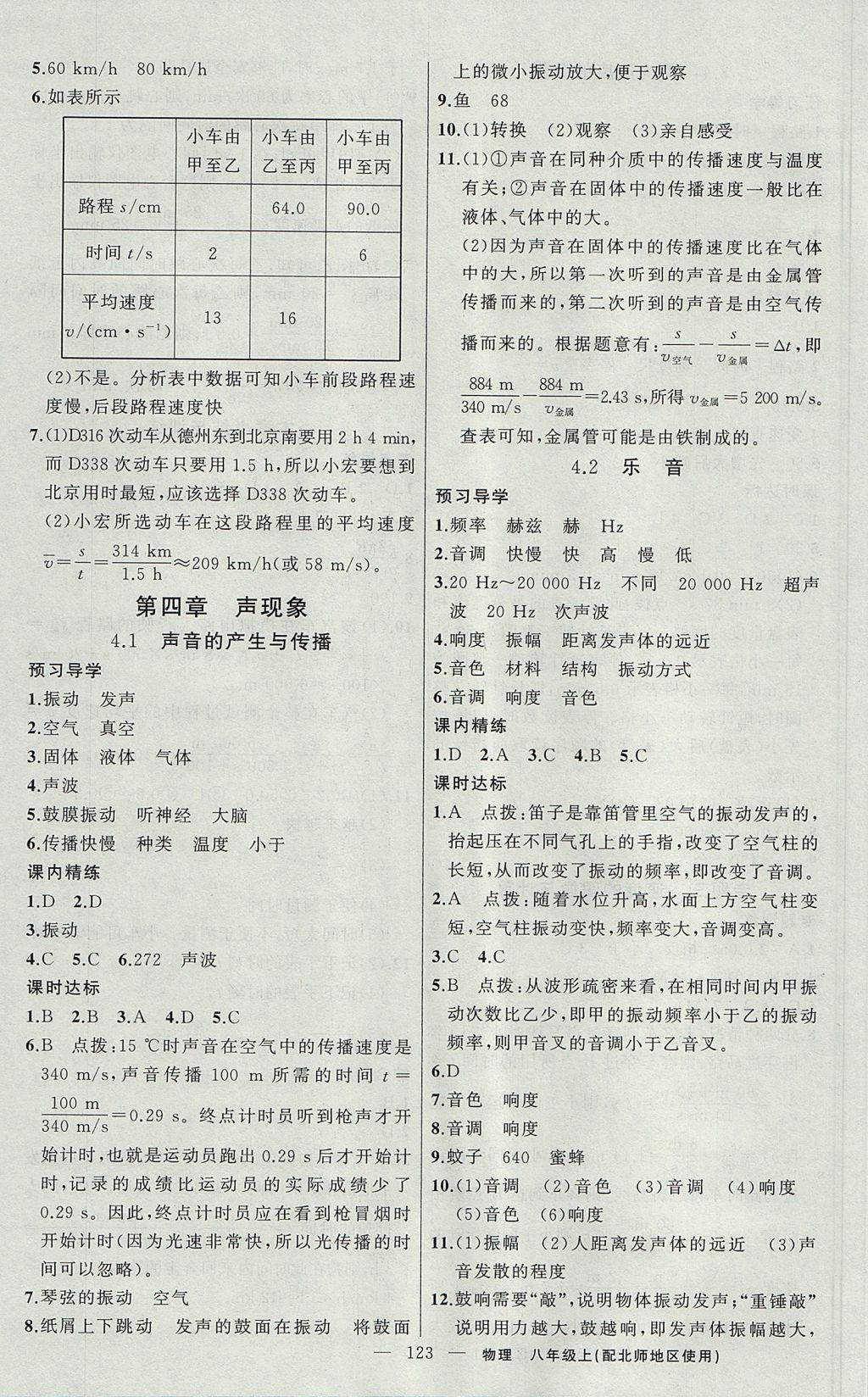 2017年黃岡金牌之路練闖考八年級(jí)物理上冊(cè)北師大版 參考答案