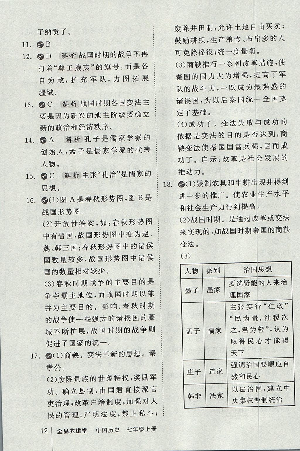 2017年全品大講堂七年級(jí)中國歷史上冊(cè)人教版 教材答案